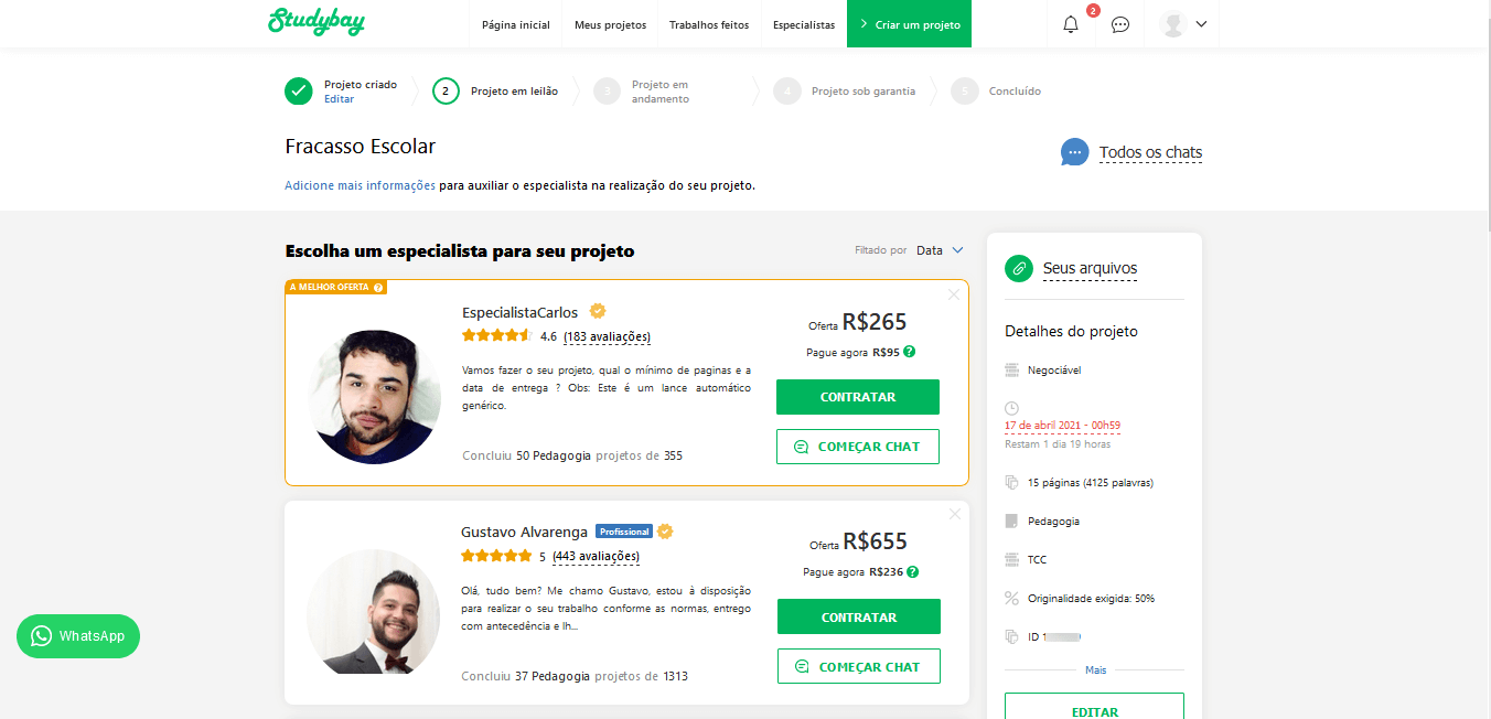Chat button near project's name and on the offers from experts on the project's page