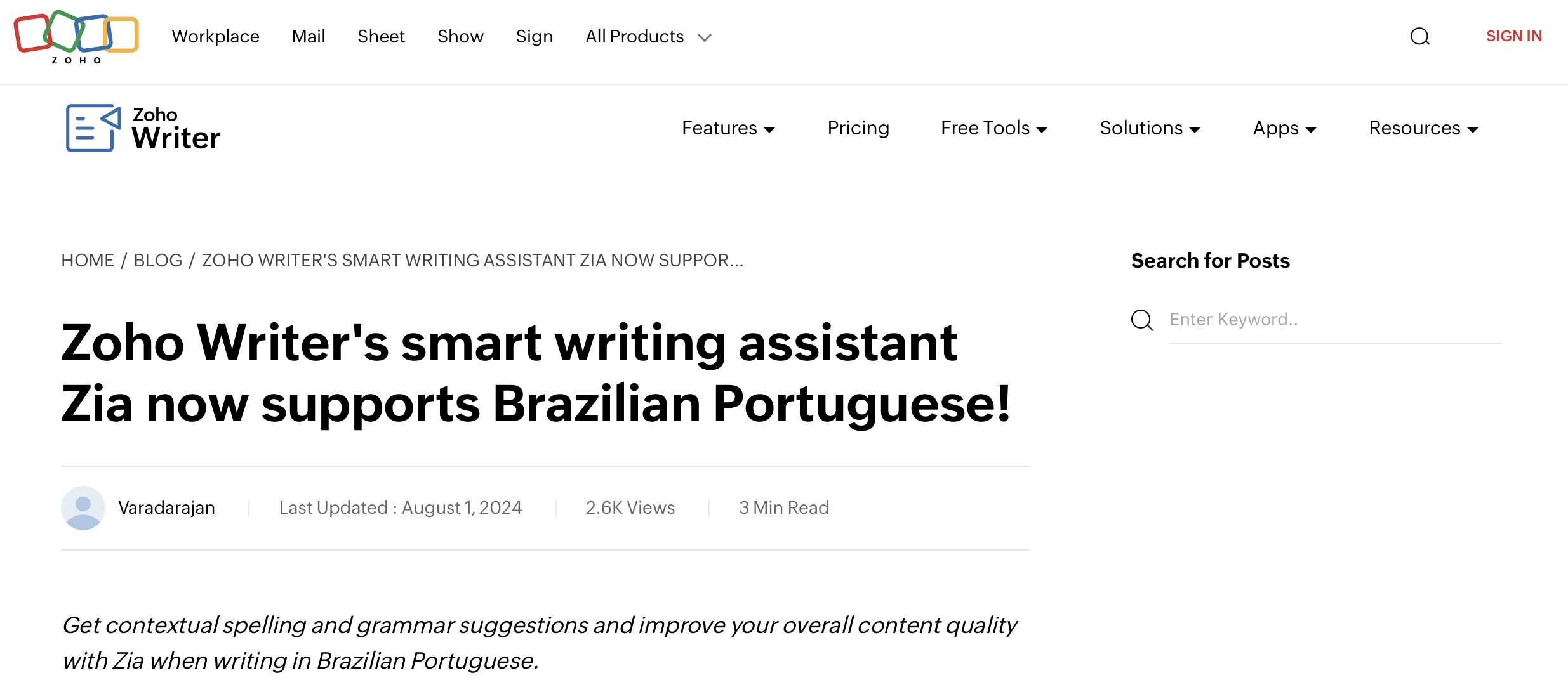 Zoho Writter interface